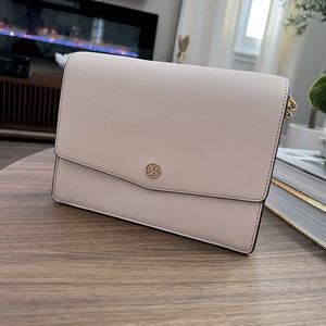 Tory Burch baby pink handbag with gold chain